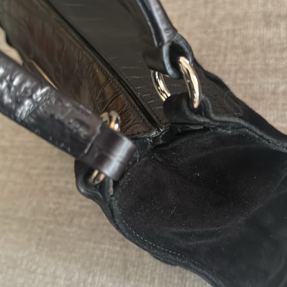 Vintage Furla Black Suede And Emboseed Crocodile Leather Shoulder Bag - Picture 12 of 14
